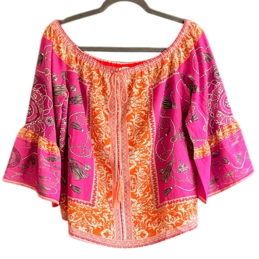Umgee Fuchsia and Orange Off-Shoulder Boho Blouse Top size M